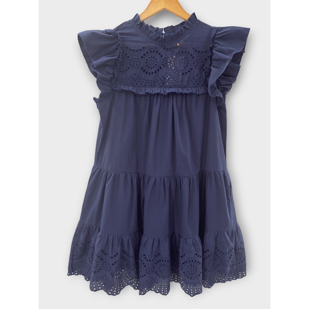 PINCH Eyelet Tiered Mini Dress Small Ruffle Flutter Sleeve Babydoll Coastal NWT